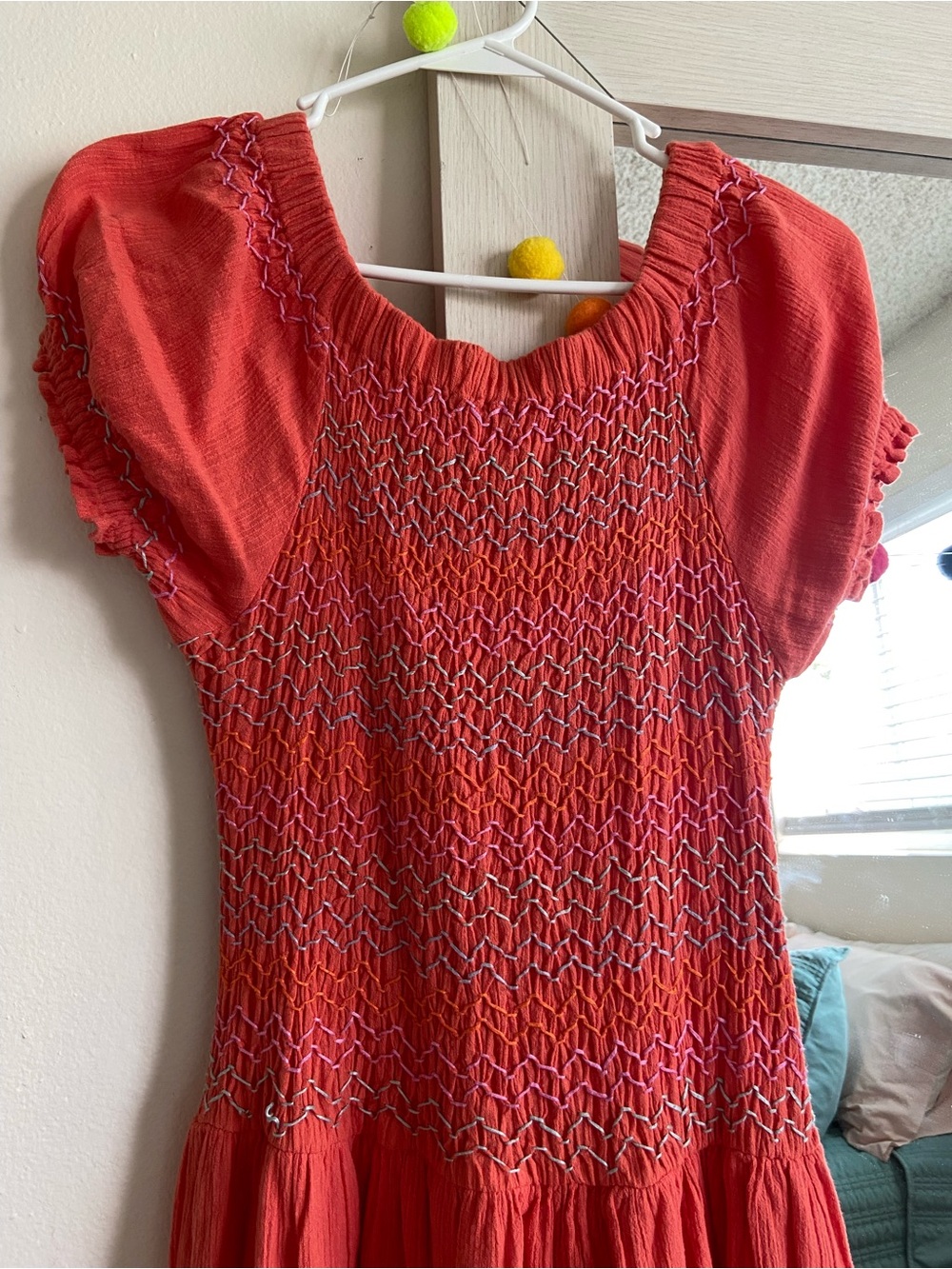 Free People Coral Smocked Short-Sleeve Tunic Dress